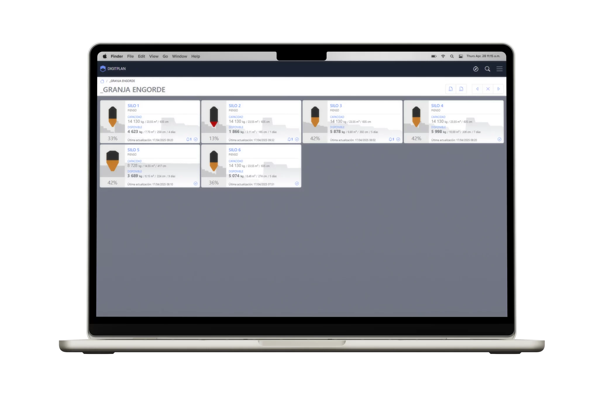Gestión y control de sistemas de almacenaje con Digitplan, la plataforma creada por MCSystems. Pantalla donde se muestra la vista general de todos los silos sensorizados con sensores de nivel.